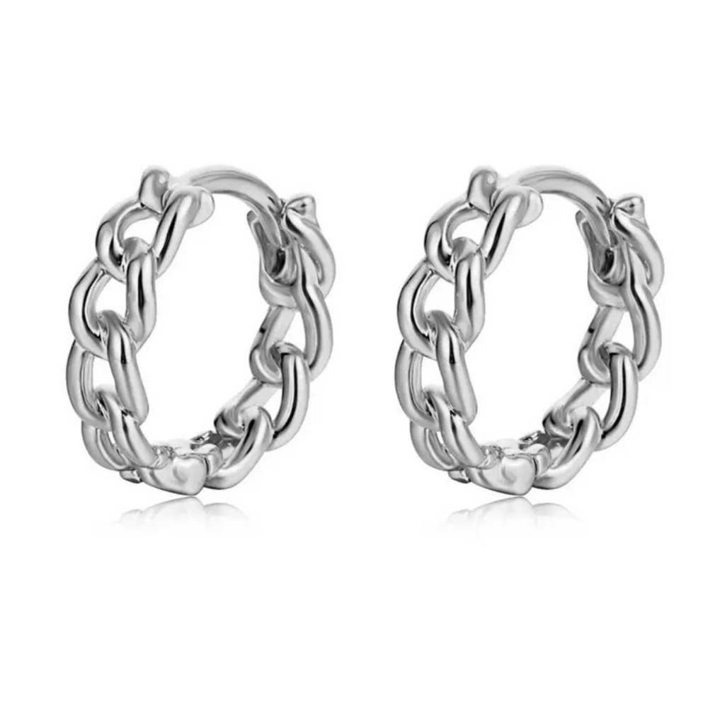 12mm Link Huggie Hoop Earrings - Silver