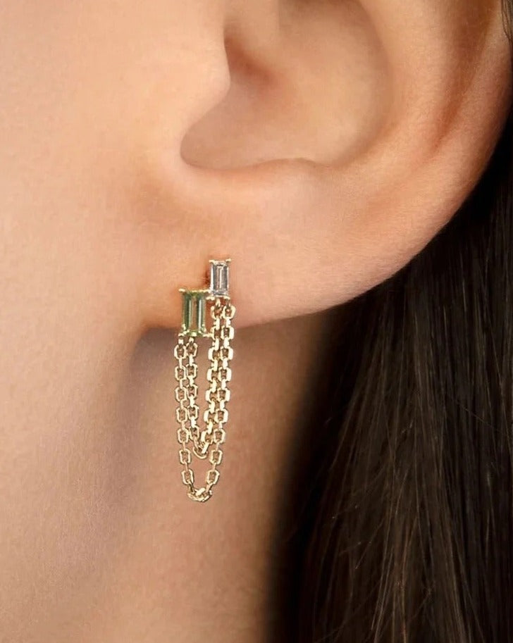 Layered Double Chain Baguette Earrings - Olive