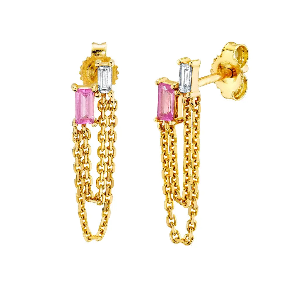 Layered Double Chain Baguette Earring - Fucshia