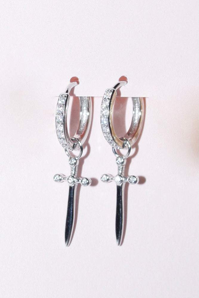 Hoop and Dagger Huggie Earrings - Silver