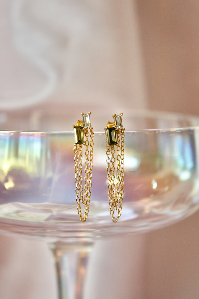 Layered Double Chain Baguette Earrings - Olive