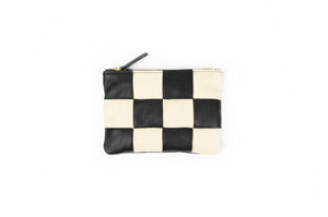 Checkered Leather Zipper Pouch