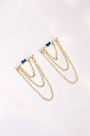 
                
                    Load image into Gallery viewer, Layered Triple Chain Baguette Earring - Blue
                
            