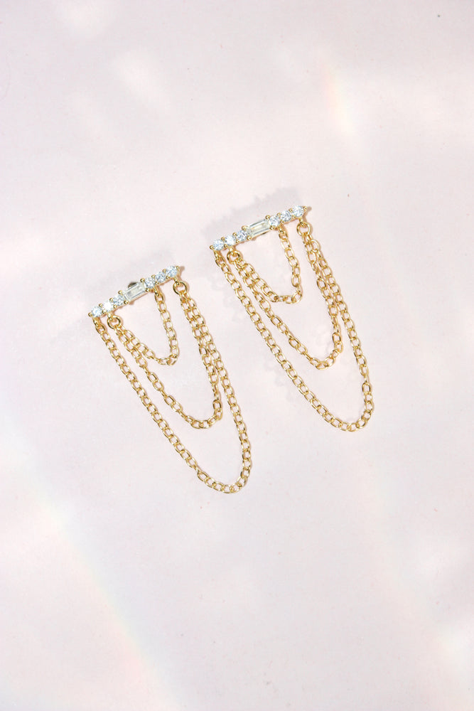 Layered Triple Chain Baguette Earrings - Clear