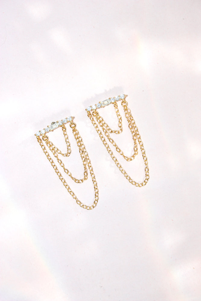 Layered Triple Chain Baguette Earring - Clear