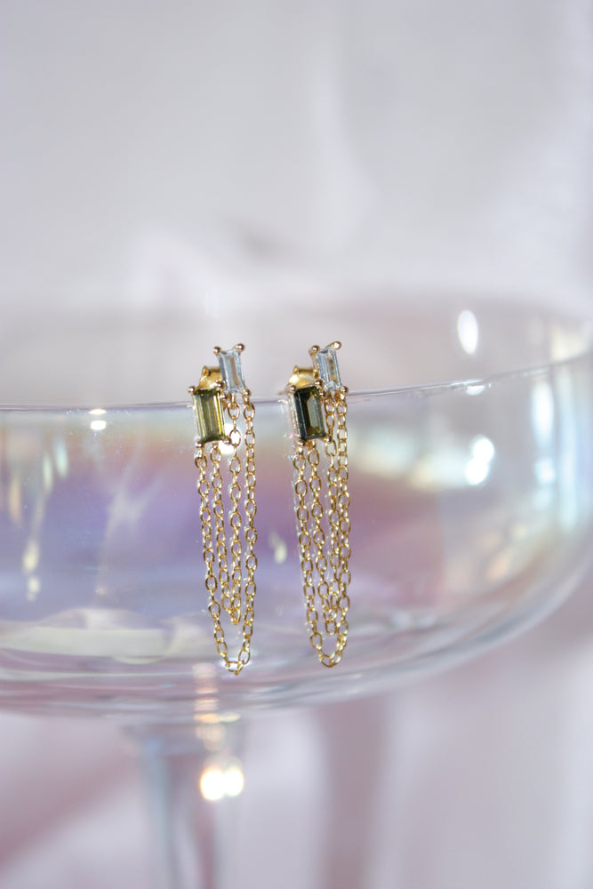 Layered Double Chain Baguette Earrings - Olive