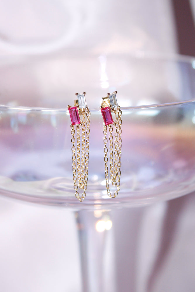 Layered Double Chain Baguette Earring - Fucshia