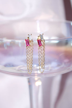 Layered Double Chain Baguette Earring - Fucshia