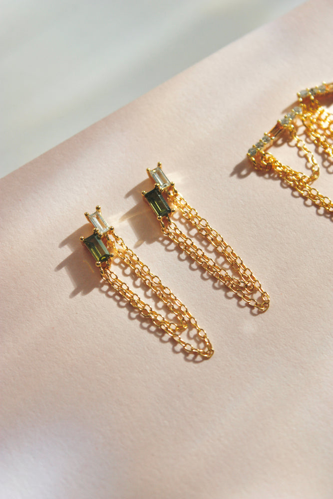 Layered Double Chain Baguette Earrings - Olive