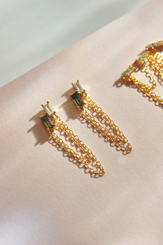 Layered Double Chain Baguette Earring - Olive