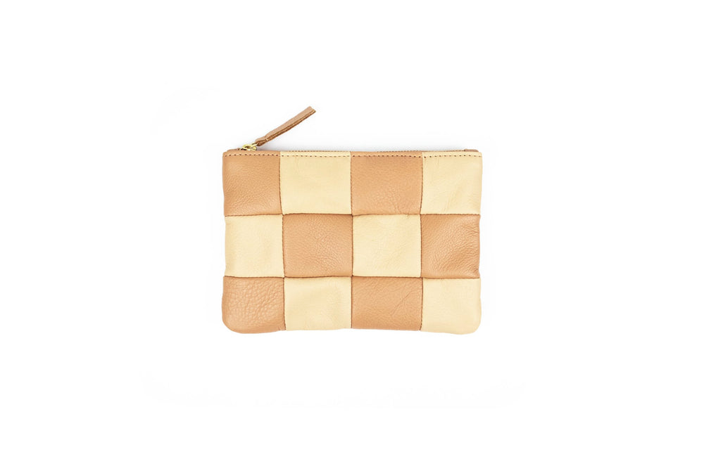 Tan Checkered Leather Zipper Pouch