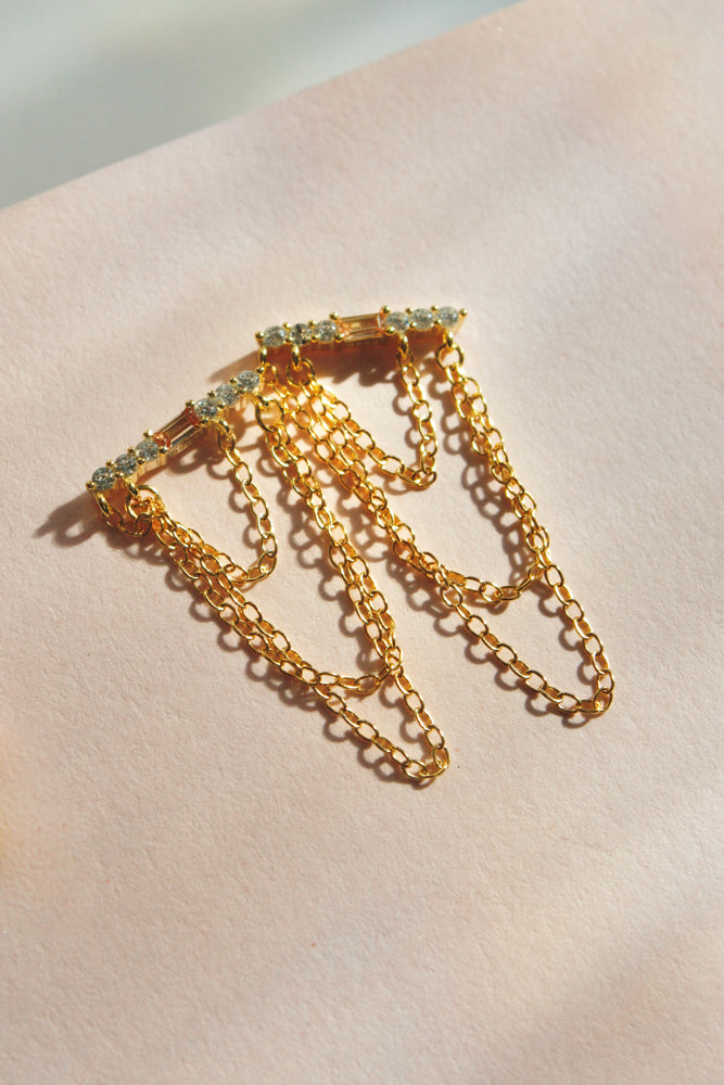 
                
                    Load image into Gallery viewer, Layered Triple Chain Baguette Earring - Peach
                
            