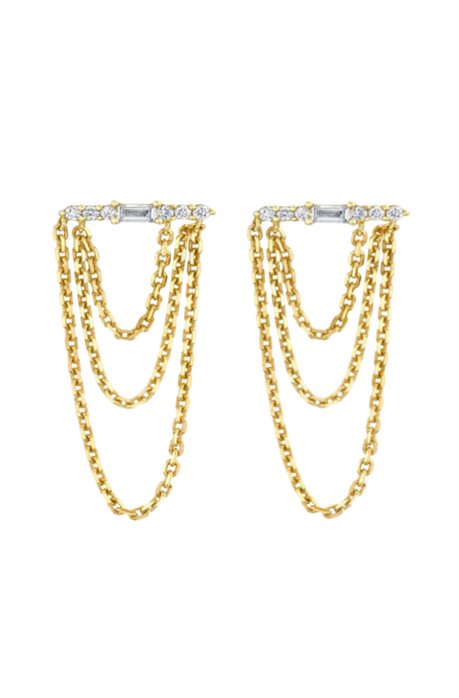 Layered Triple Chain Baguette Earrings - Clear