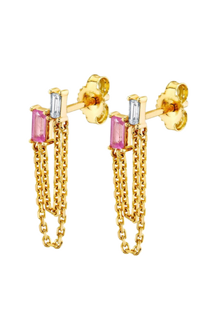 Layered Double Chain Baguette Earring - Fucshia