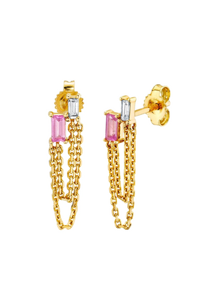 Layered Double Chain Baguette Earring - Fucshia