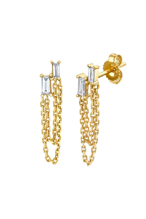 Layered Double Chain Baguette Earring - Clear