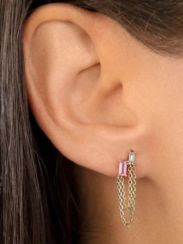 Layered Double Chain Baguette Earring - Clear