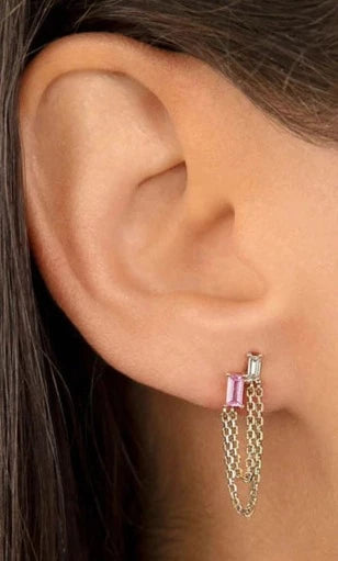 Layered Double Chain Baguette Earring - Fucshia